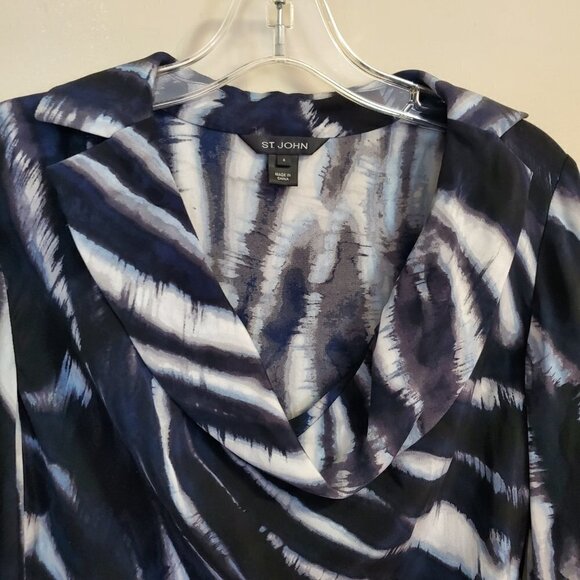 St. John Silk Blouse Size 4 tie Dye Cowl Neck Black Blue White Zebra Animal - Picture 3 of 14